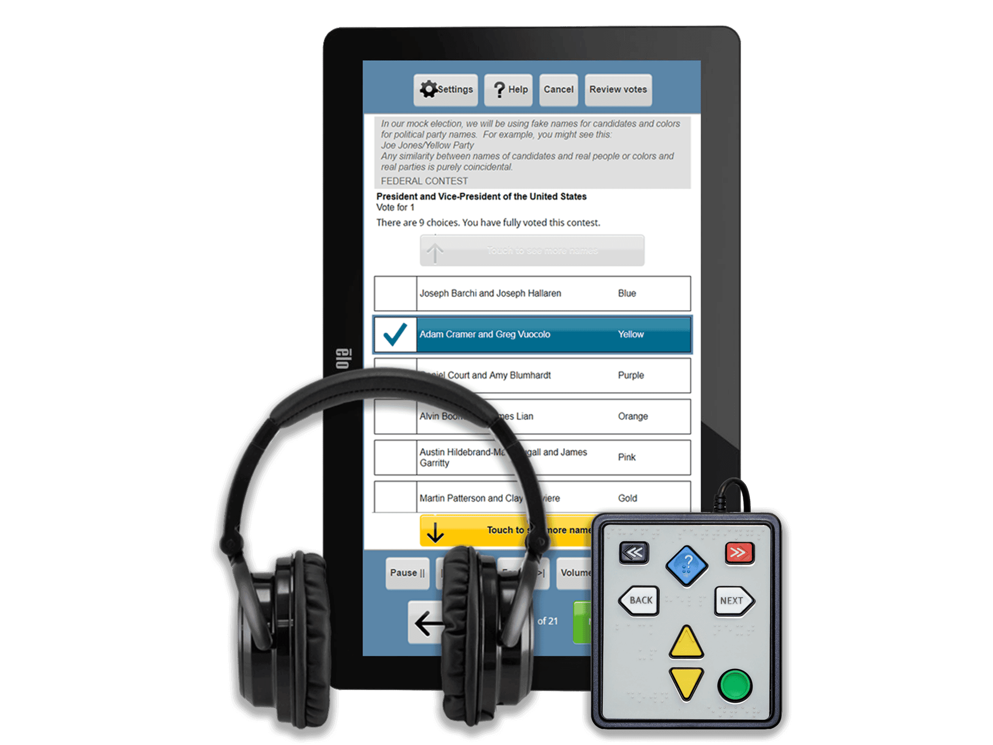 ClearAccess portrait touchscreen shown with headphones and an accessible tactile keypad