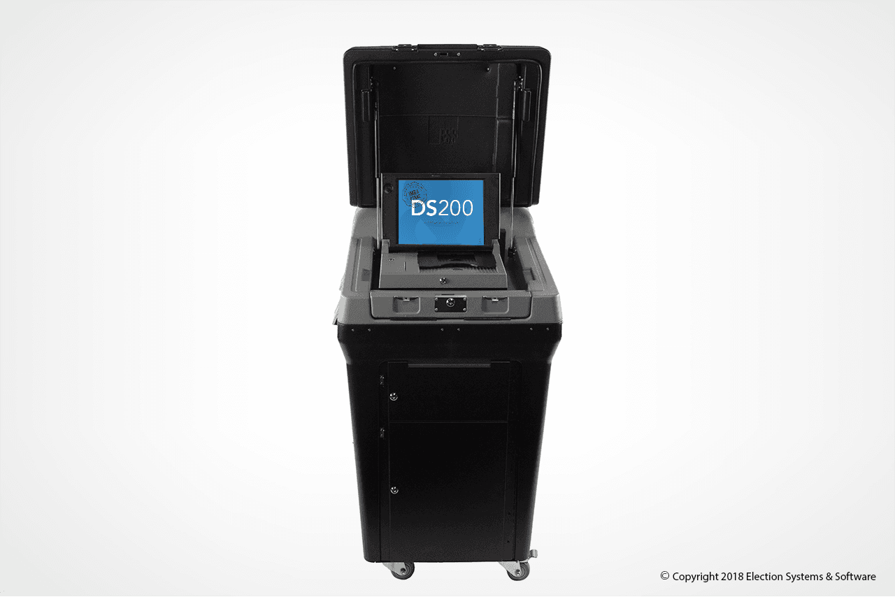 Front view of an open ES&S DS200 scanner and ballot container on casters