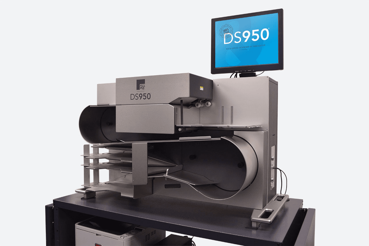 Official product photograph of an ES&S DS950 high-speed scanner and tabulator on its wheeled support cart