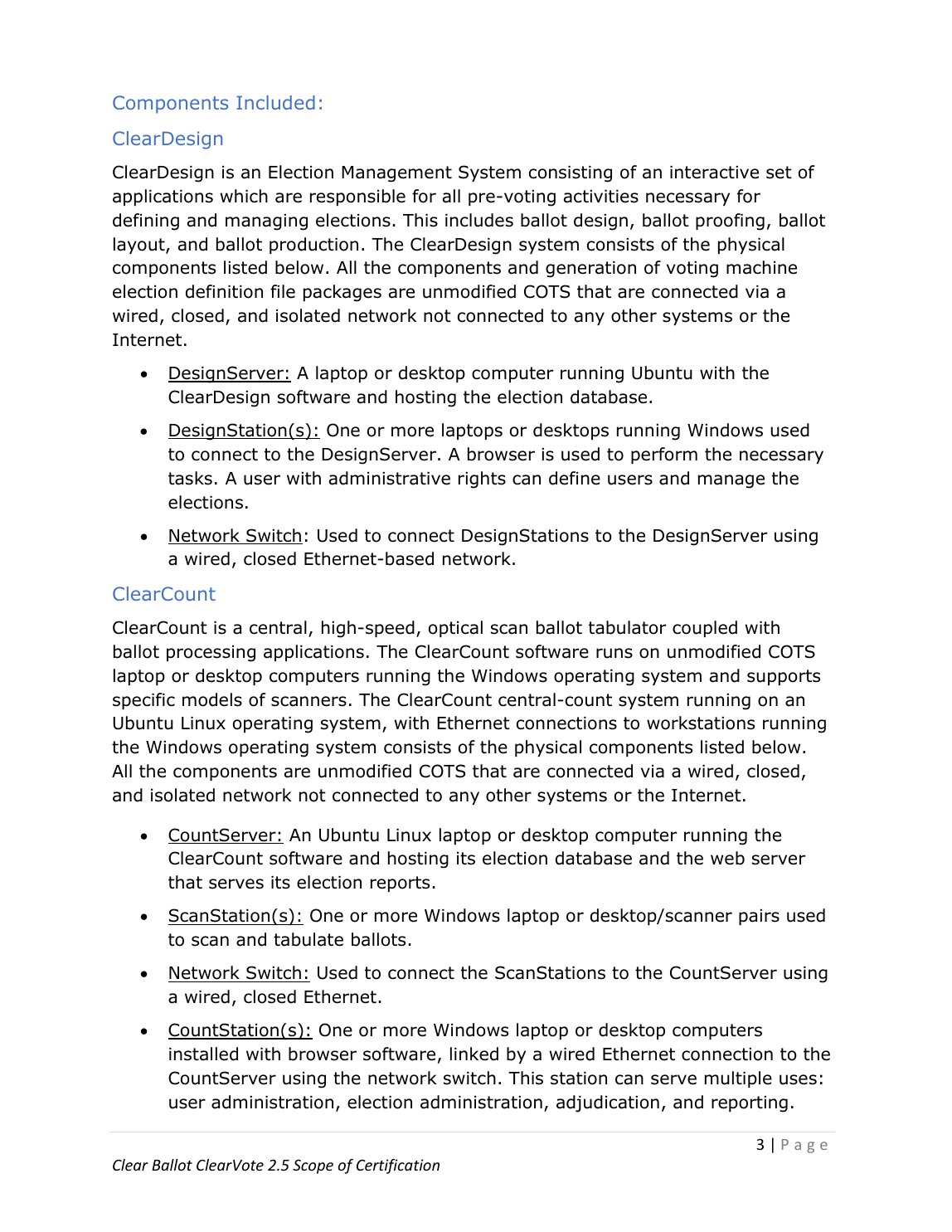 ClearVote 2.5 certification scope page describing ClearCount as a wired, closed, isolated network with CountServer, ScanStations, network switch, and CountStations.