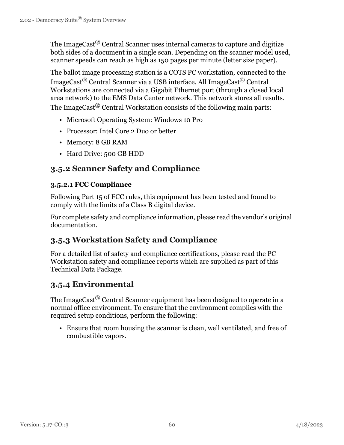 Democracy Suite 5.17-CO system overview page describing the ICC scanner USB connection, workstation specifications, and closed Gigabit Ethernet LAN connection to the EMS data center.